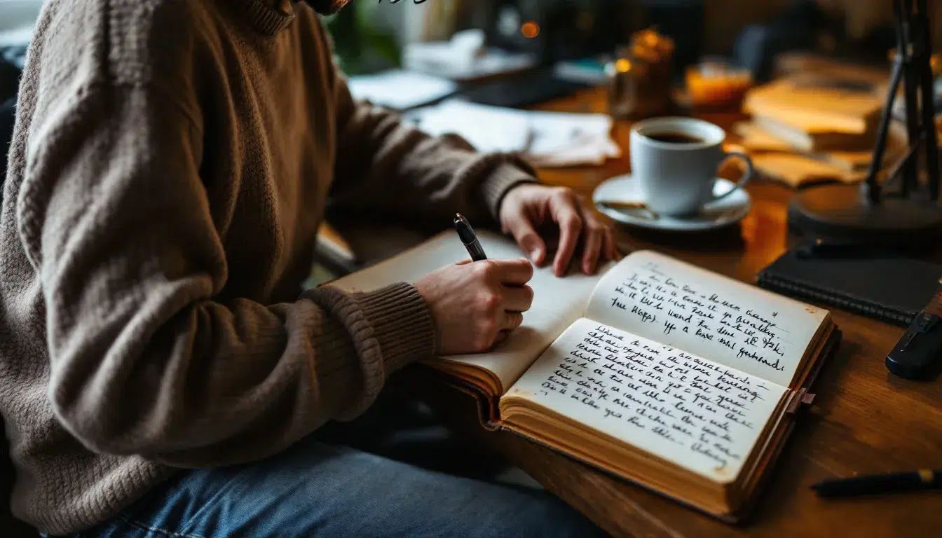 En person sitter ved et bord, dypt konsentrert mens de skriver i en dagbok. Dette øyeblikket av mindfulness gir dem muligheten til å håndtere stress og reflektere over følelsene sine, noe som er en viktig del av livet og egen selvmedfølelse.