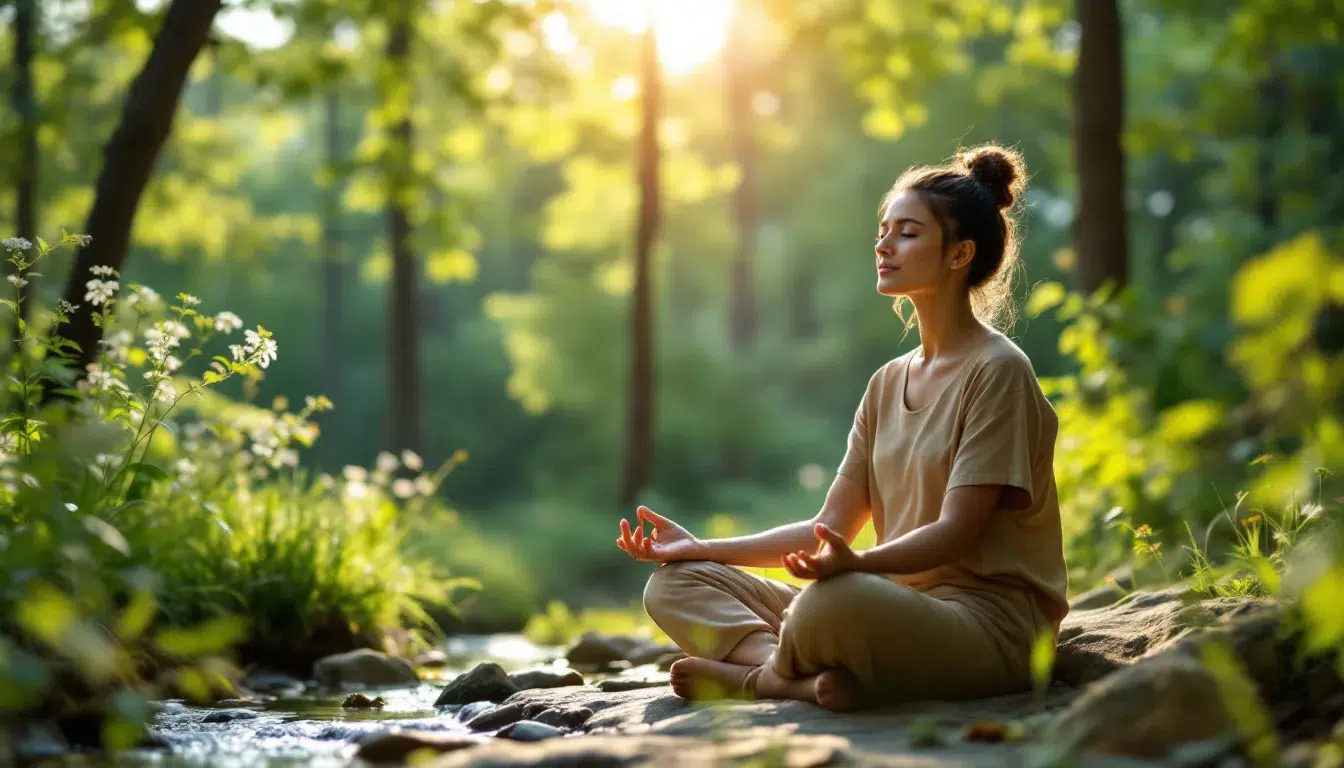 En person sitter rolig i naturskjønne omgivelser og praktiserer mindfulness, og tar seg tid til å møte sine egne følelser med selvmedfølelse. Dette øyeblikket av indre ro hjelper vedkommende med å håndtere stress og oppnå en bedre forståelse av livet.